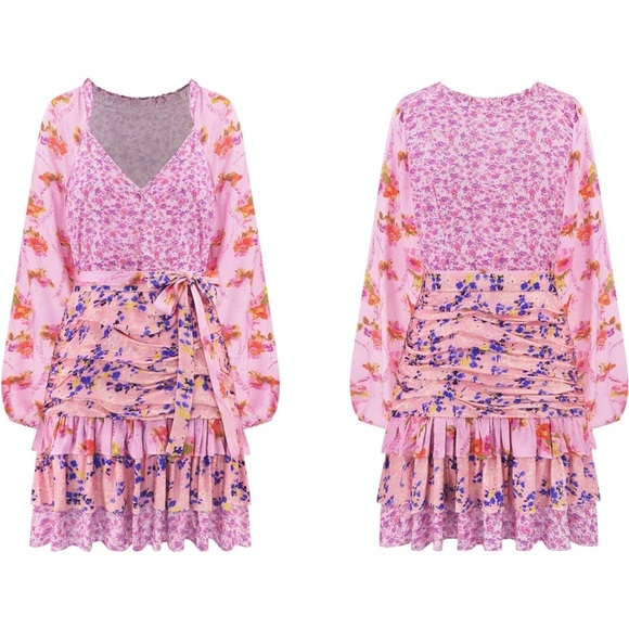 R. VIVIMOS Pink Boho Floral V neck Dress small NEW - Picture 5 of 11